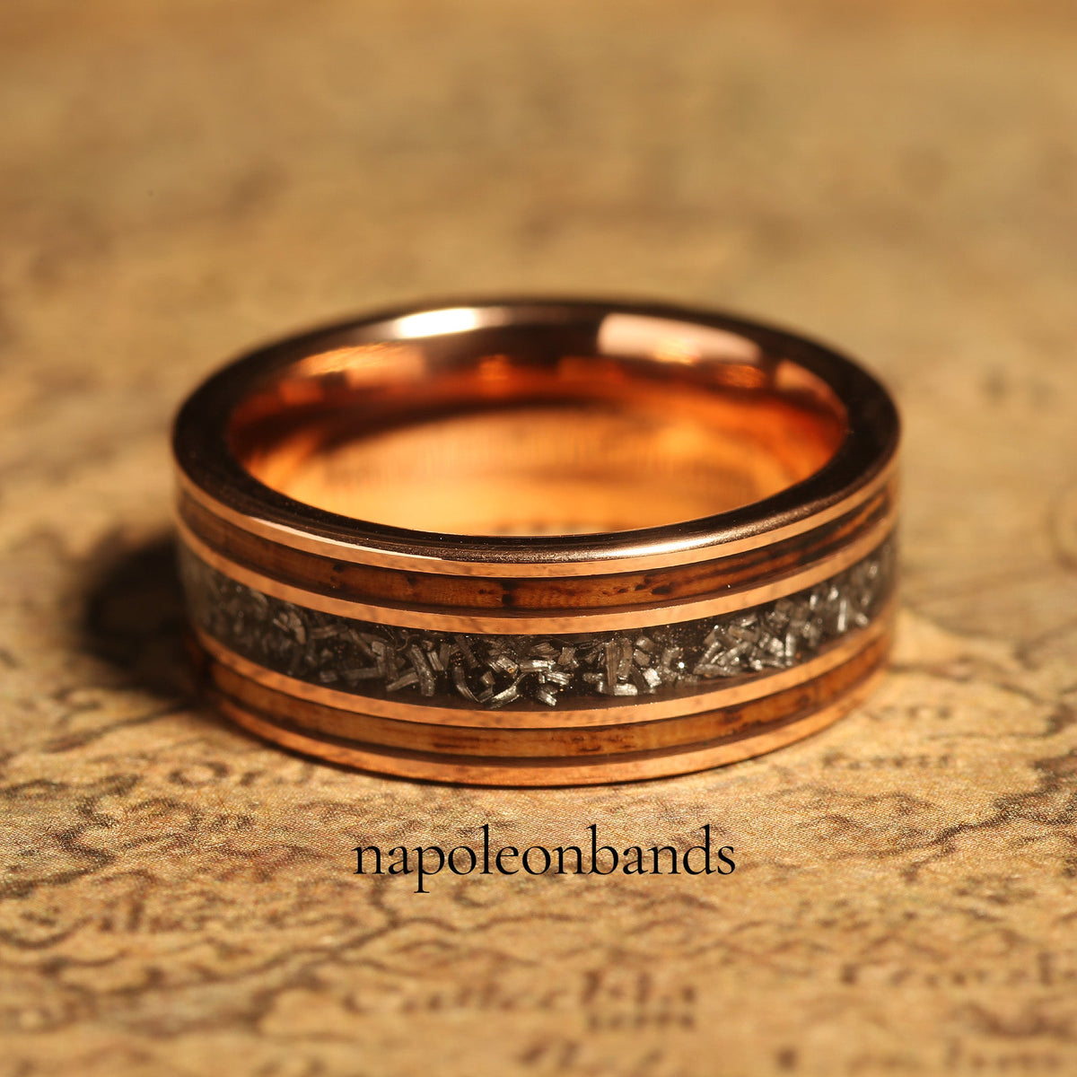 Men’s rose gold tungsten ring with whiskey barrel wood and meteorite