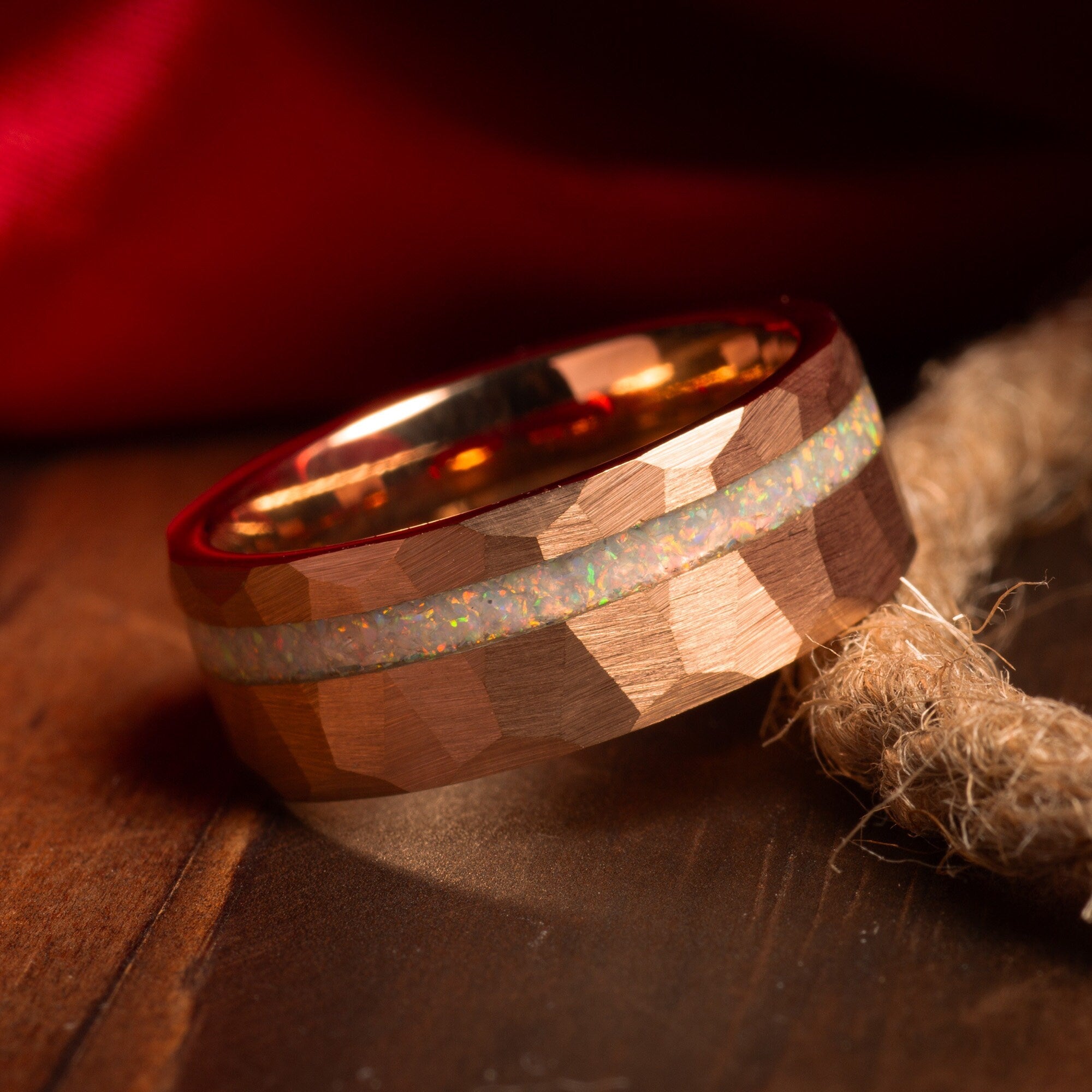 Rose Gold White Opal Wedding Band for Men | 8mm Hammered Tungsten Ring