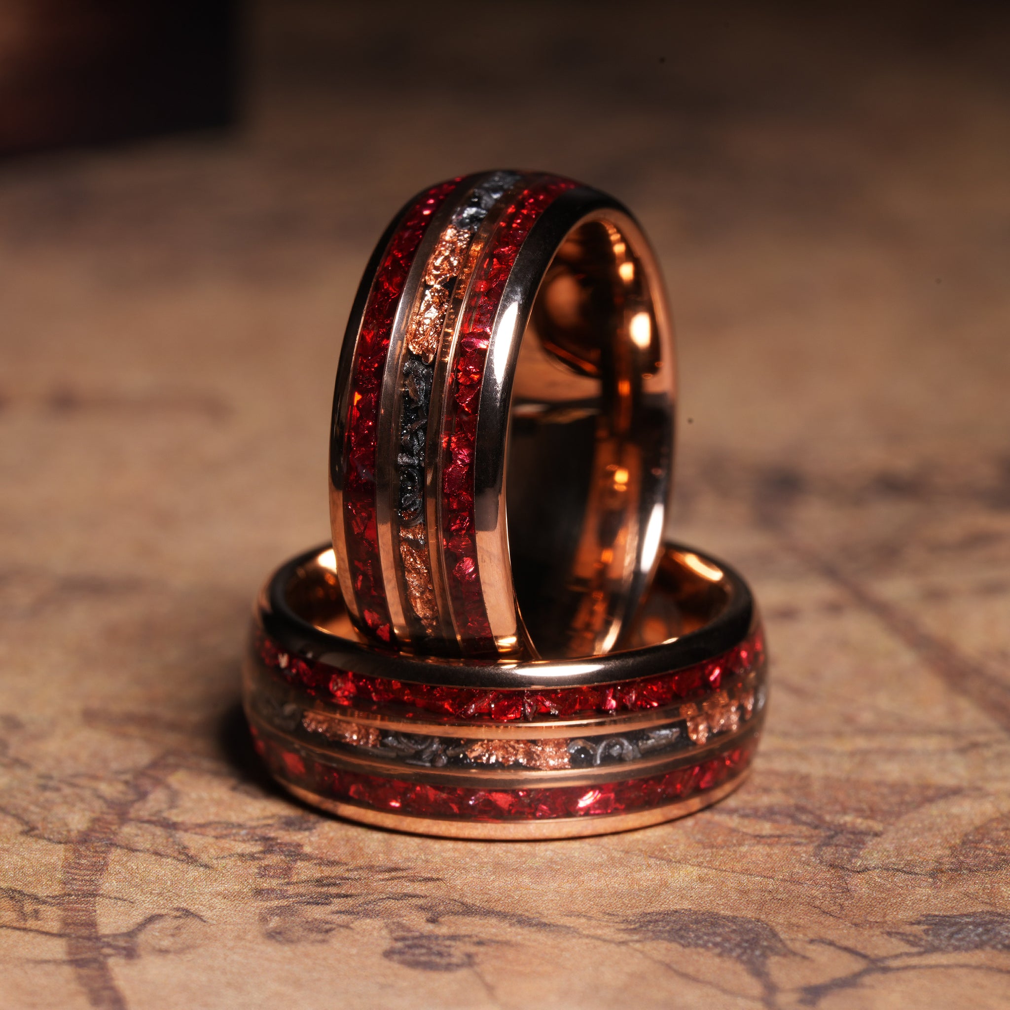 Ruby Meteorite Gold Leaf Wedding Band for Men | 8mm Rose Gold Tungsten Ring