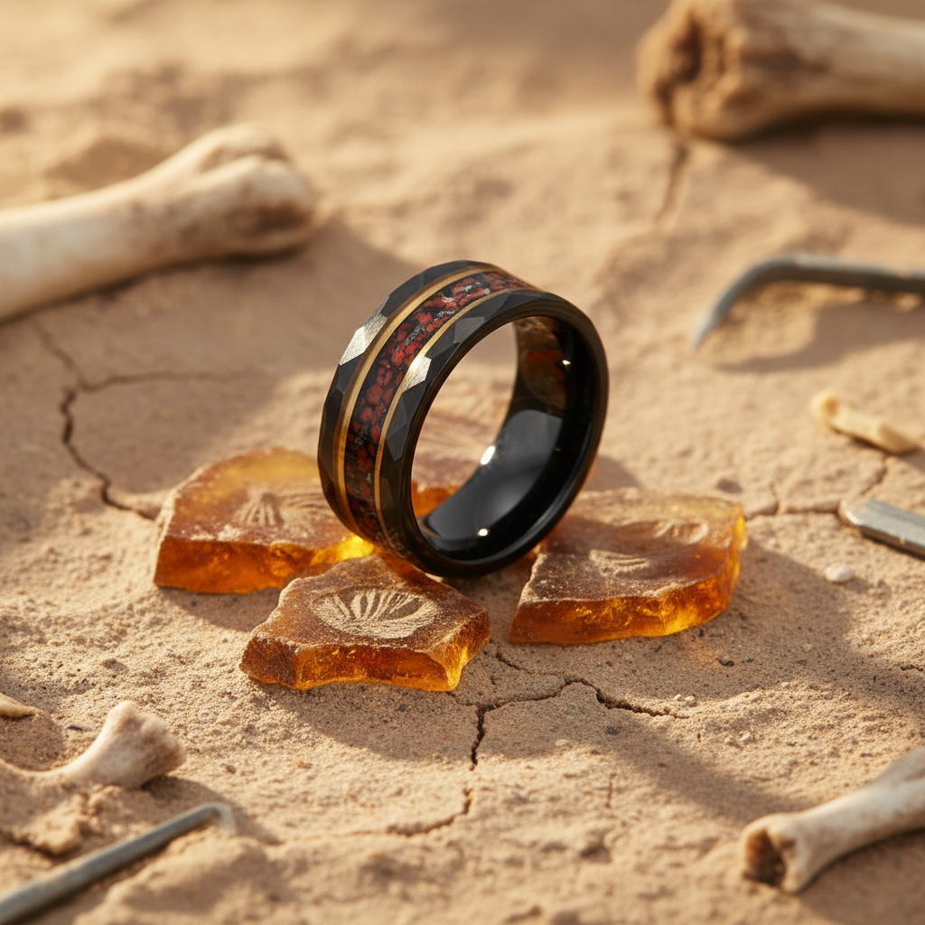 Men’s rugged dinosaur bone wedding band with meteorite inlay