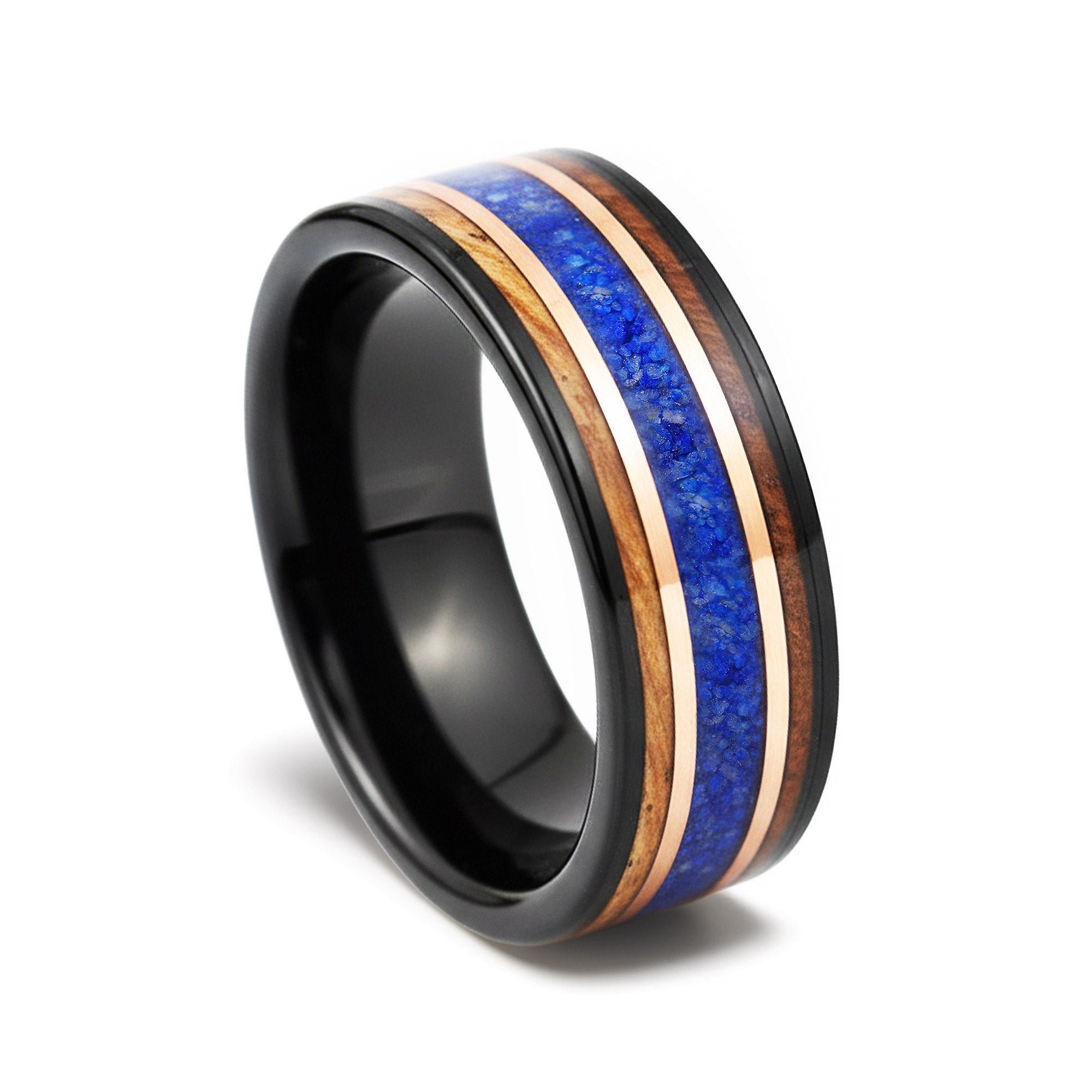 Whiskey Barrel Lapis Lazuli Wedding Band for Men | 8mm Black Tungsten Ring