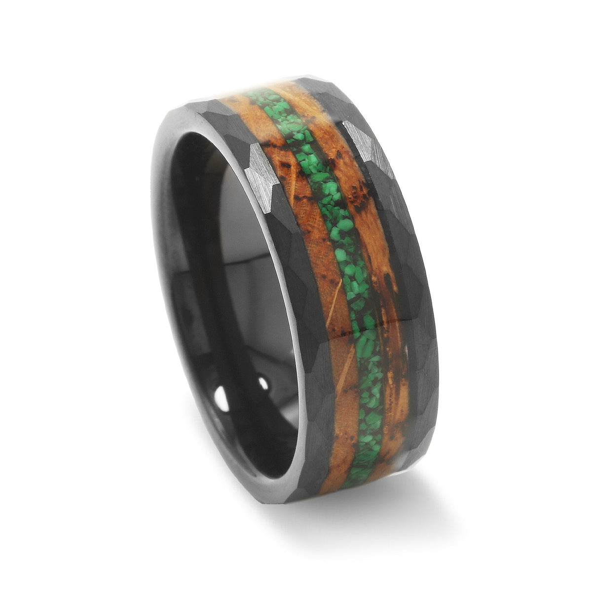 Men’s rugged malachite whiskey barrel ring with dark tungsten texture