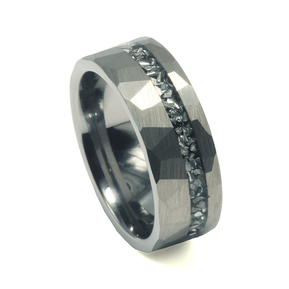 Men’s rugged meteorite tungsten ring with hammered texture