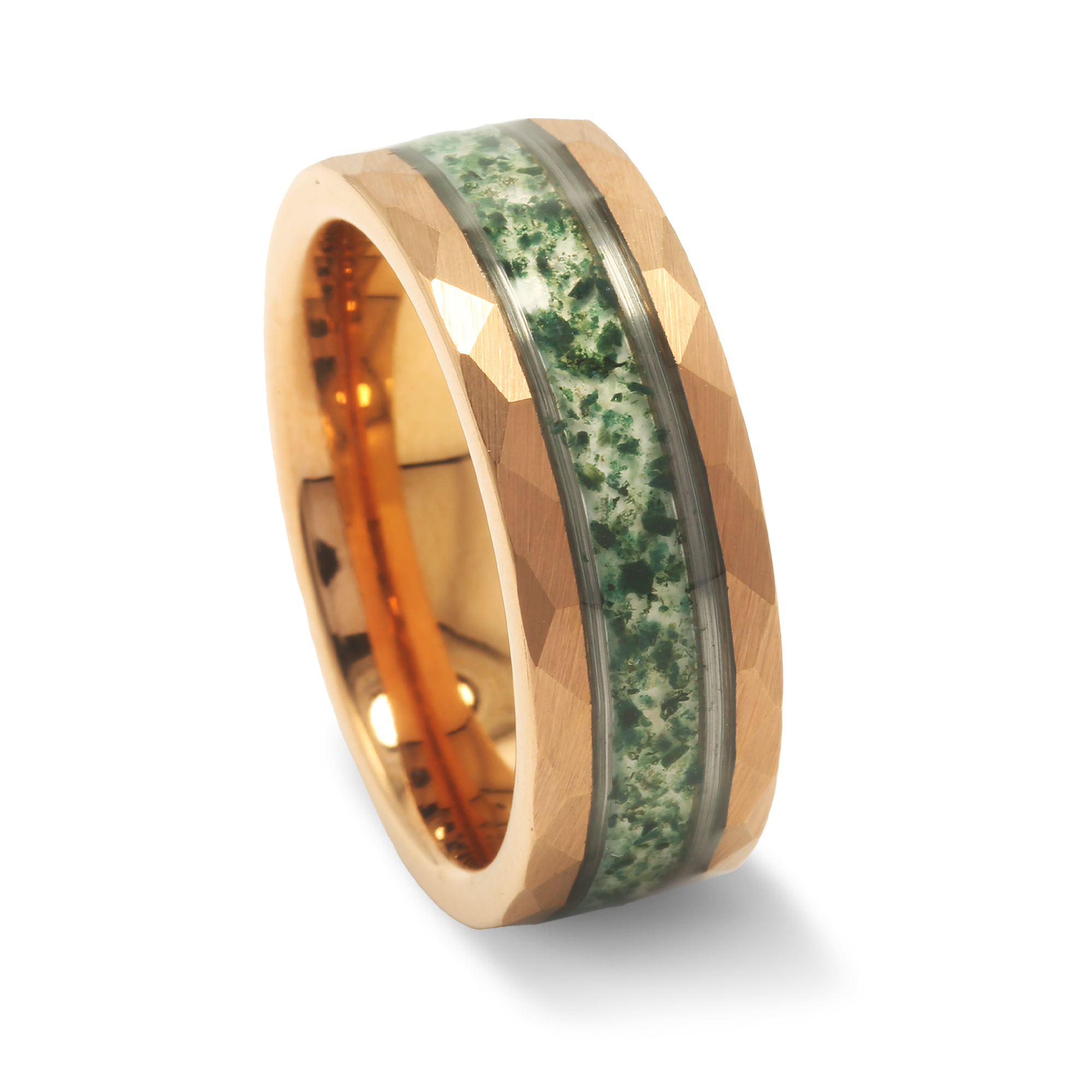 Hammered Moss Agate Wedding Band for Men | 8mm Rose Gold Tungsten Ring
