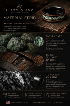 Whiskey Barrel Moss Agate Wedding Band for Men | 8mm Black Tungsten Ring 9