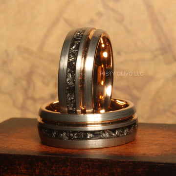 Silver Meteorite Wedding Band for Men | 8mm Tungsten Ring with Rose Gold Interior 1