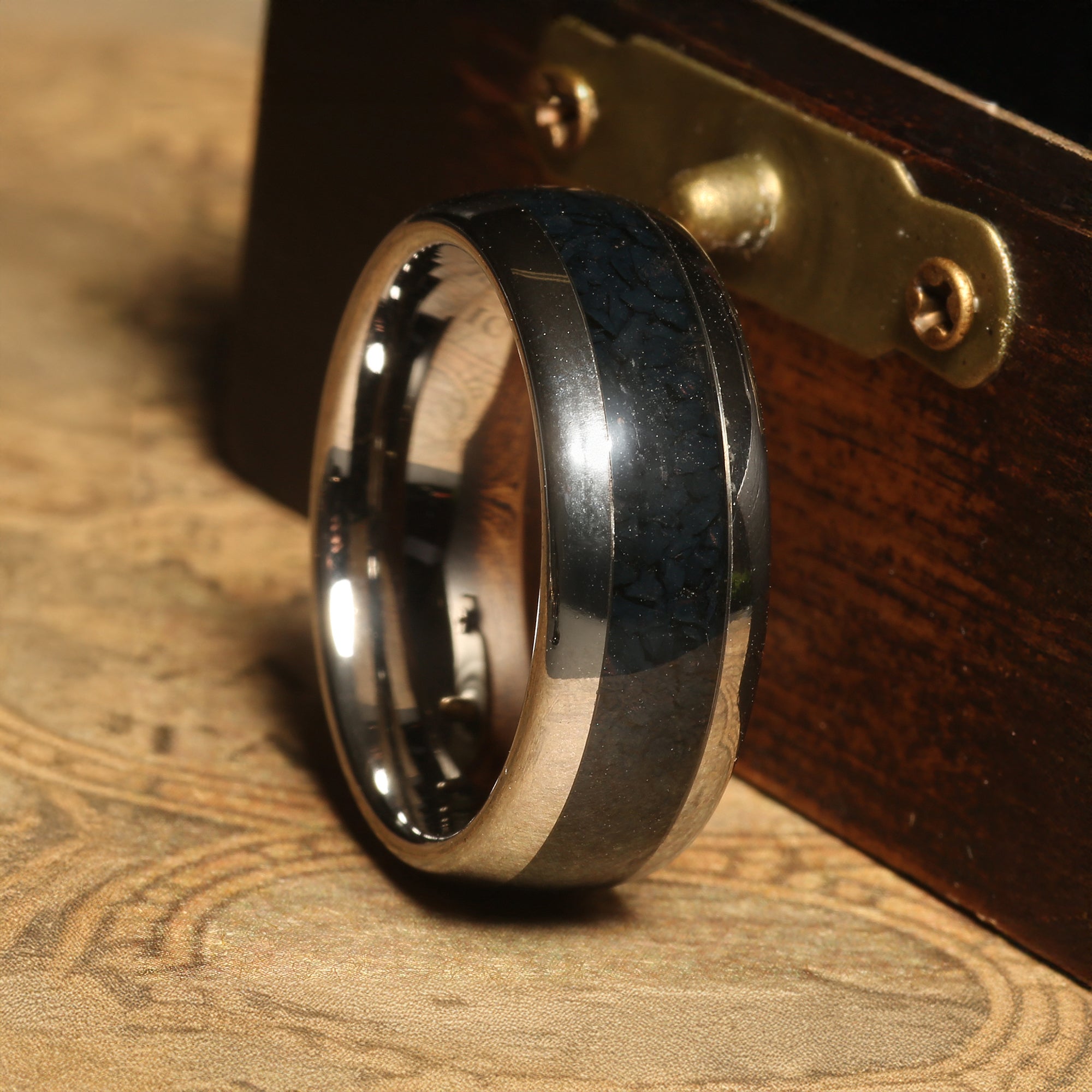 Black Onyx Wedding Band for Men | 8mm Domed Silver Tungsten Ring