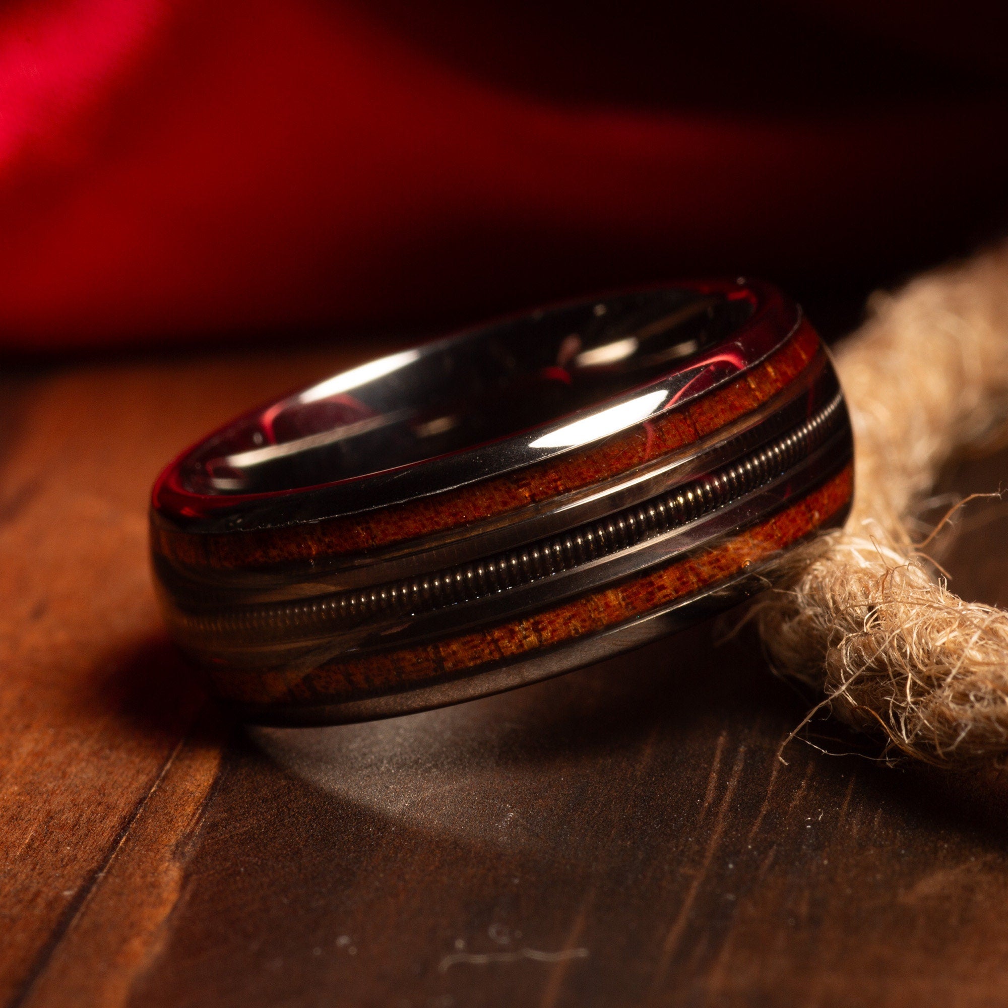 Koa Wood Guitar String Wedding Band for Men | 8mm Silver Tungsten Ring