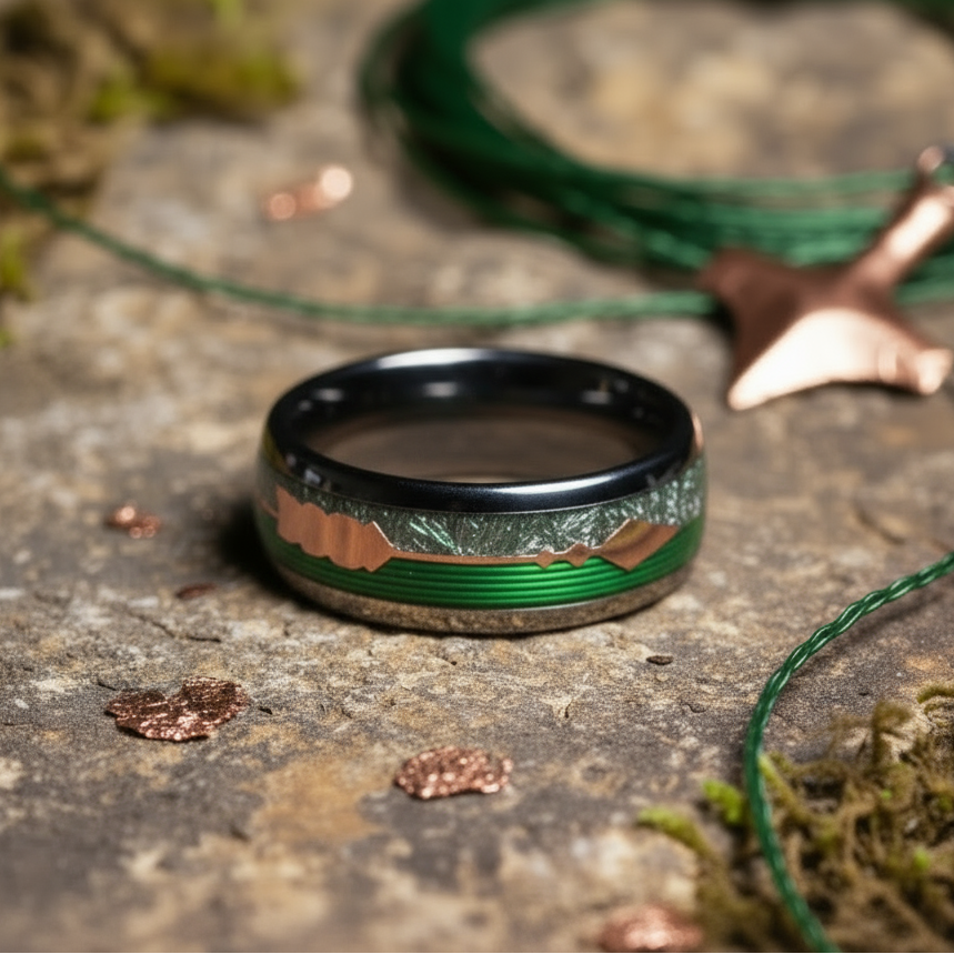Men’s silver tungsten ring with meteorite fishing line and arrow