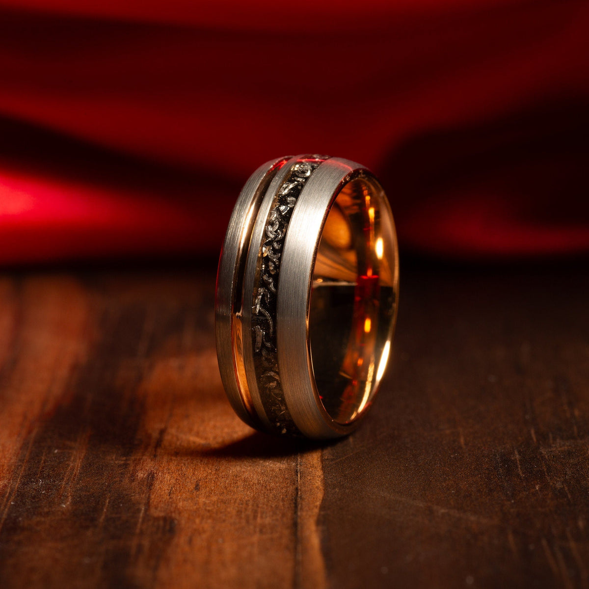 Men’s silver tungsten ring with genuine meteorite inlay