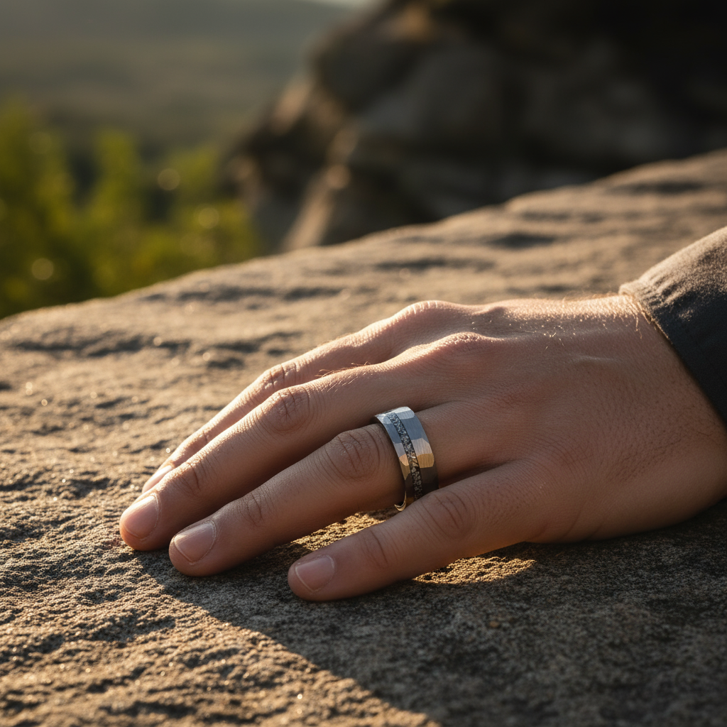 Silver Hammered Meteorite Wedding Band for Men | 8mm Tungsten Ring
