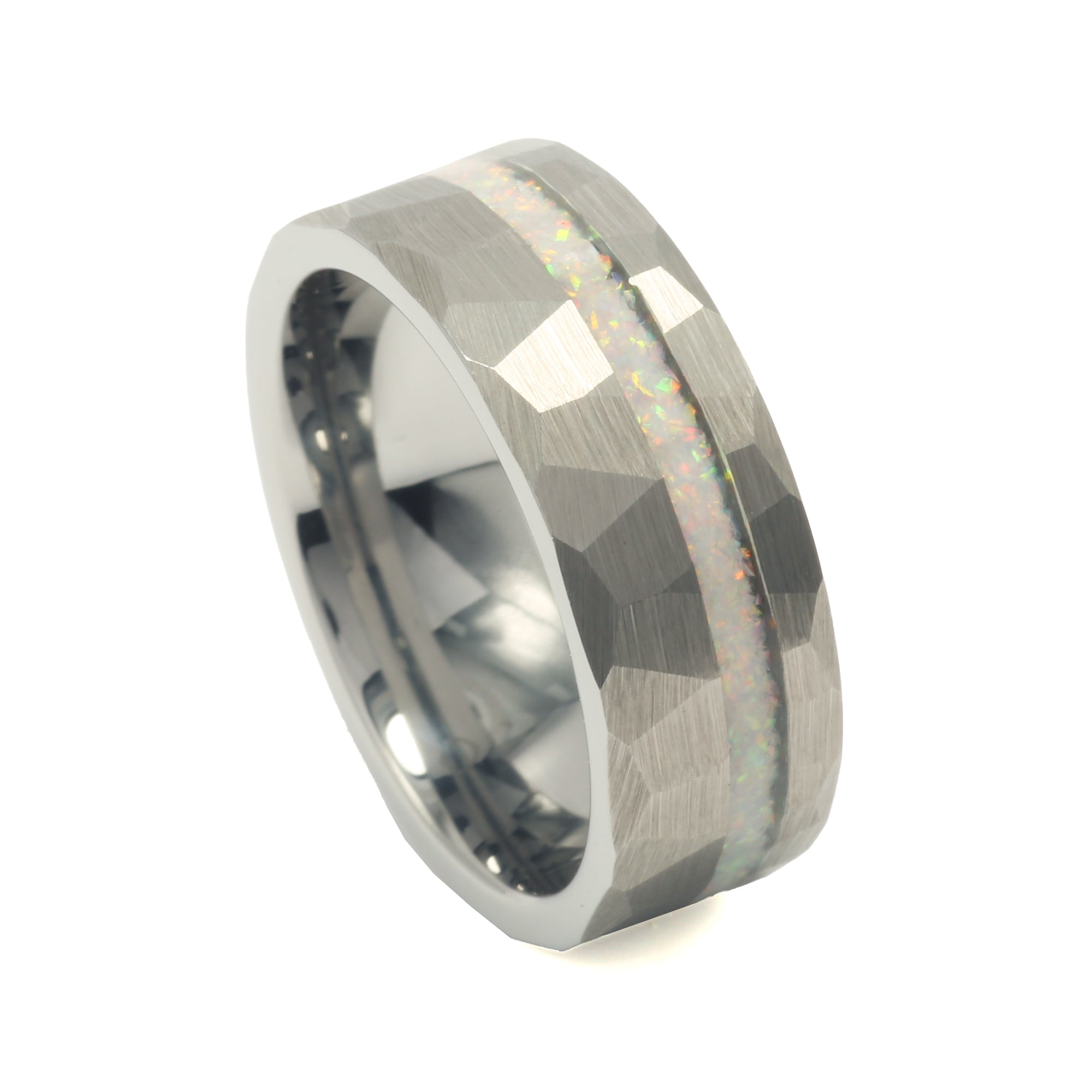 White Opal Wedding Band for Men | 8mm Hammered Silver Tungsten Ring