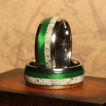 Silver Whiskey Barrel Deer Antler Fishing Line Wedding Band for Men | 8mm Tungsten Ring 1