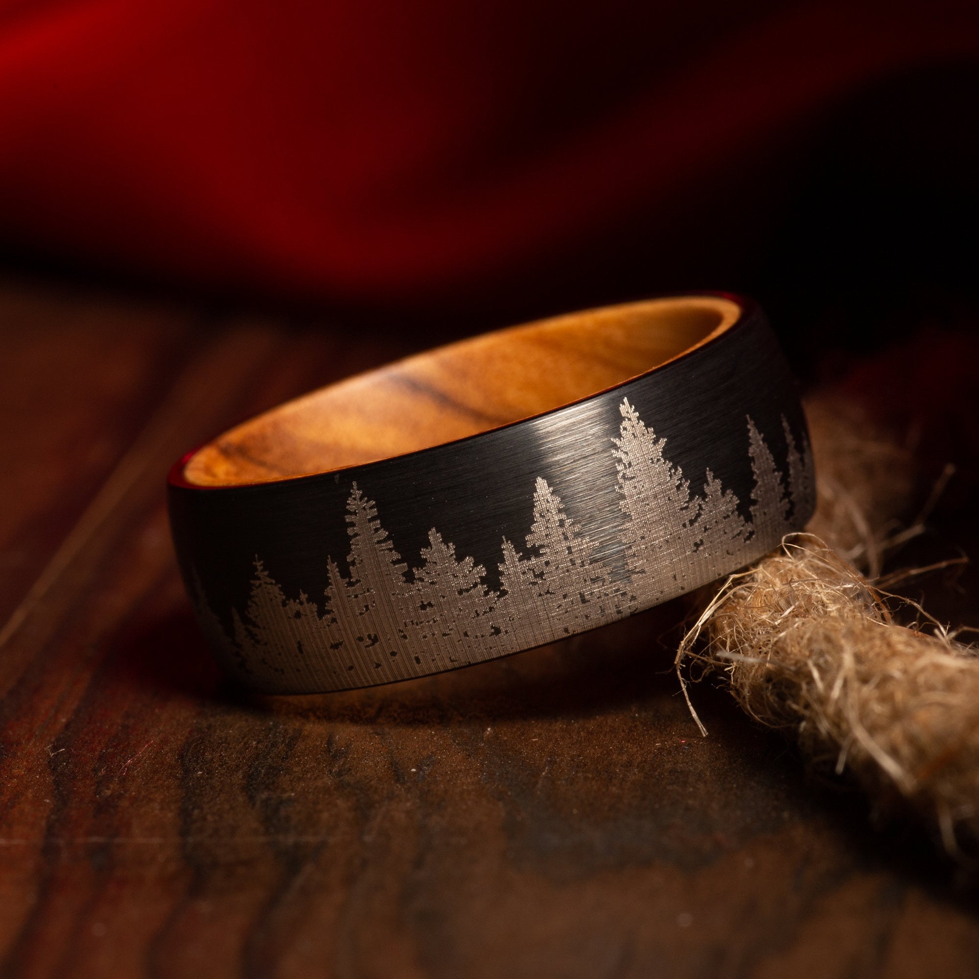 Treeline Whiskey Barrel Wedding Band for Men | 8mm Black Brushed Tungsten Ring
