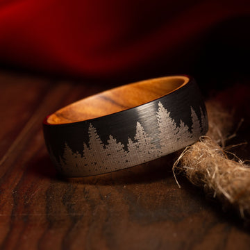 Treeline Whiskey Barrel Wedding Band for Men | 8mm Black Brushed Tungsten Ring 1