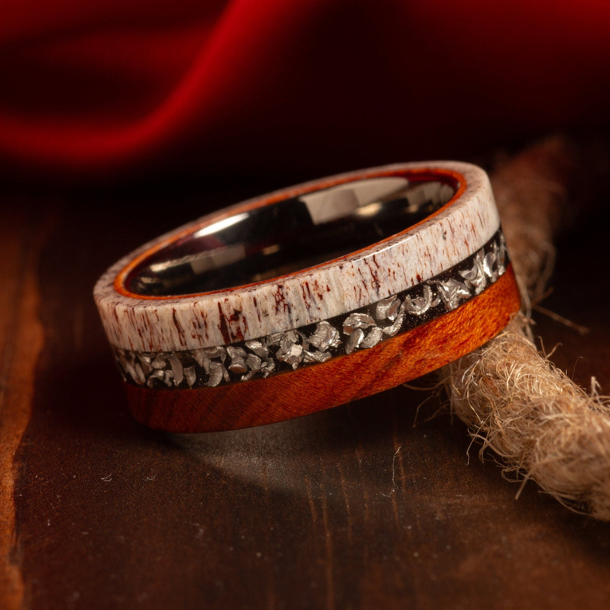 Men’s tungsten ring with meteorite antler and ironwood inlay