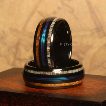 Whiskey Barrel Deer Antler Fishing Line Wedding Band for Men | 8mm Black Tungsten Ring 1