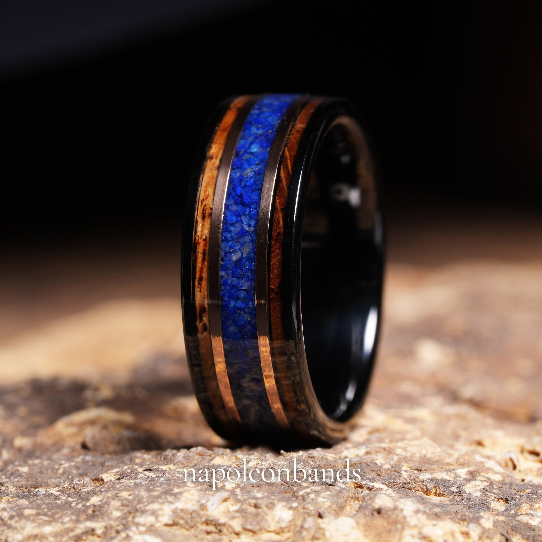 Whiskey Barrel Lapis Lazuli Wedding Band for Men | 8mm Black Tungsten Ring