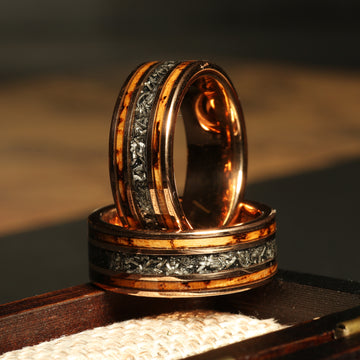 Whiskey Barrel Meteorite Wedding Band for Men | 8mm Rose Gold Tungsten Ring 1