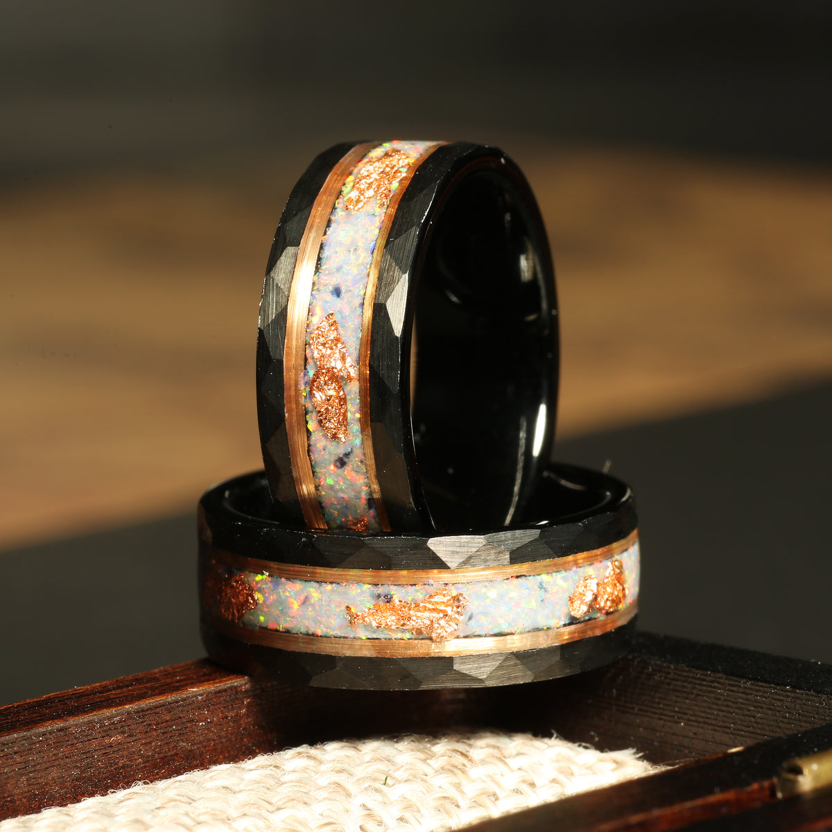 Men’s white opal gold leaf wedding band with black hammered tungsten