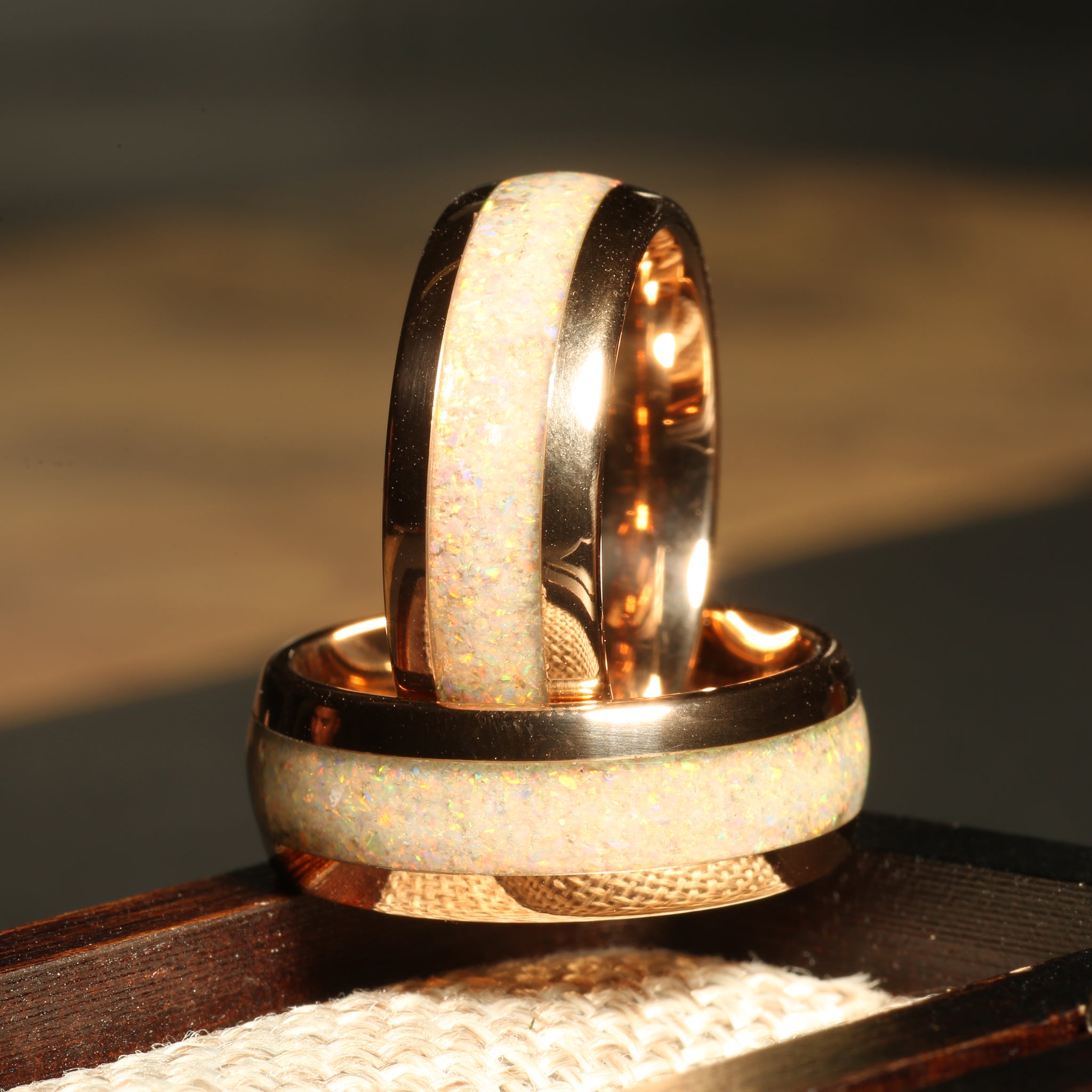 White Opal Wedding Band for Men | 8mm Rose Gold Tungsten Ring