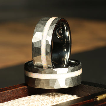 White Opal Wedding Band for Men | 8mm Hammered Silver Tungsten Ring 1