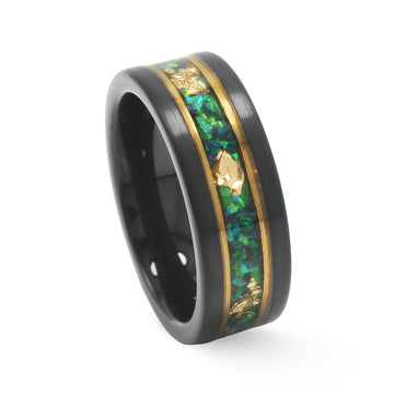 Green Garnet Meteorite Wedding Band for Men | 8mm Yellow Gold Tungsten Ring 3
