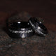 Meteorite Matching Wedding Band Set | His and Hers 8mm & 4mm Black Hammered Tungsten Couple Rings