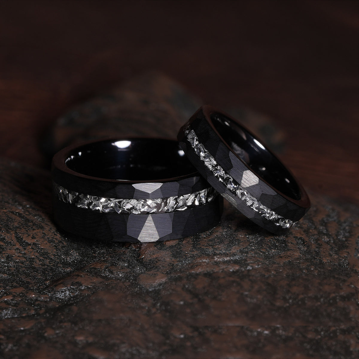 Meteorite Matching Wedding Band Set | His and Hers 8mm & 4mm Black Hammered Tungsten Couple Rings
