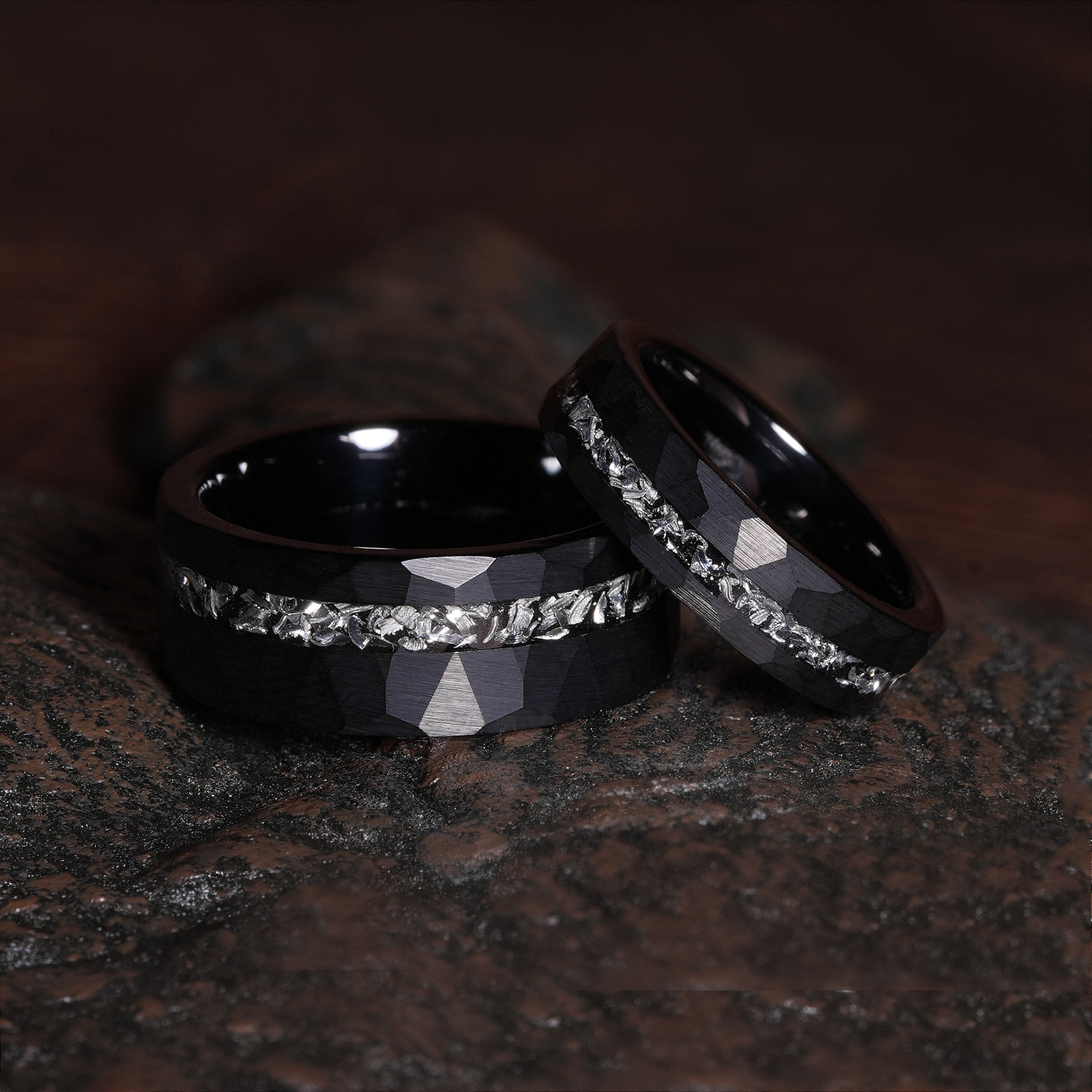Meteorite Matching Wedding Band Set | His and Hers 8mm & 4mm Black Hammered Tungsten Couple Rings