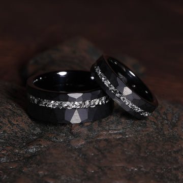 Meteorite Matching Wedding Band Set | His and Hers 8mm & 4mm Black Hammered Tungsten Couple Rings 1