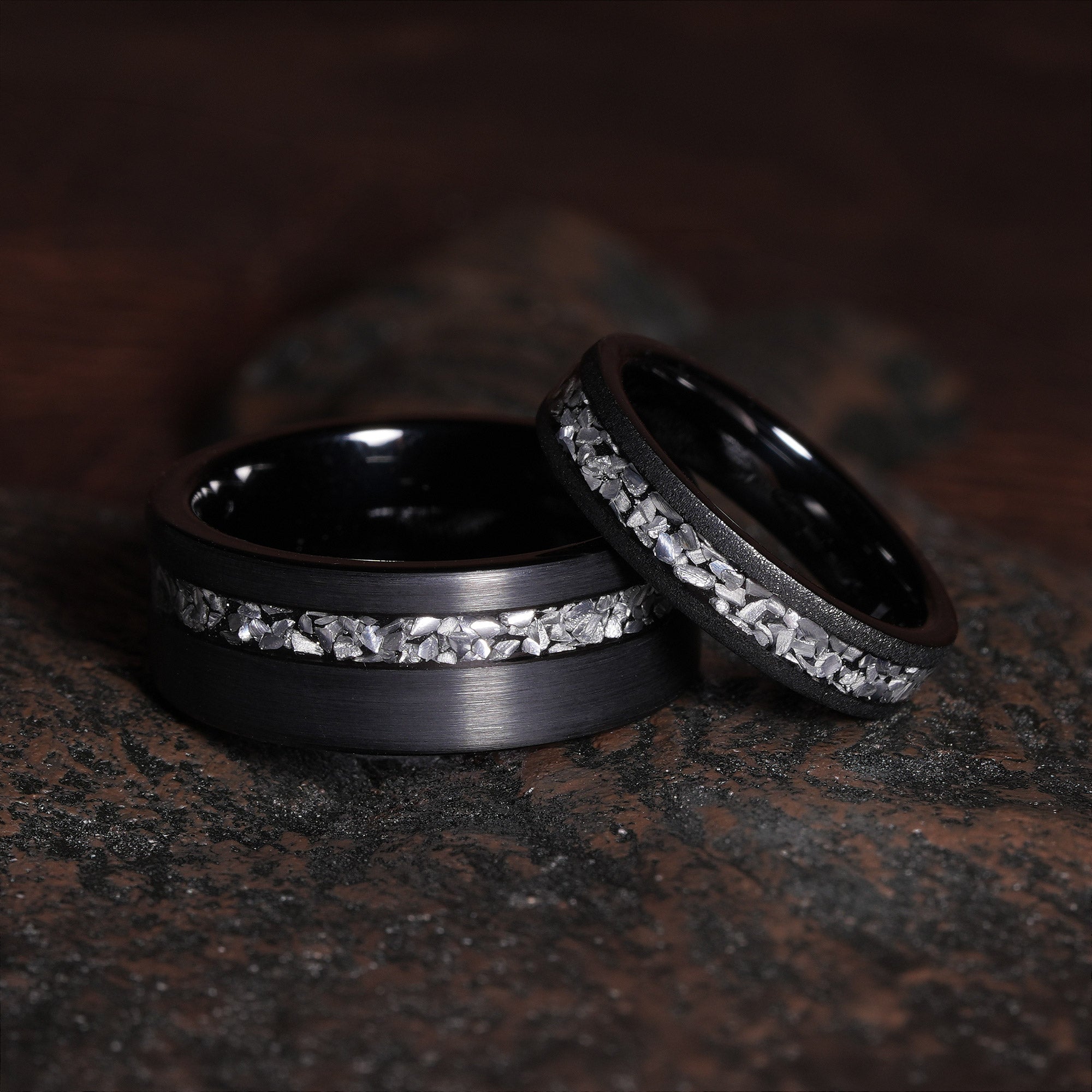Brushed Meteorite Matching Wedding Band Set | His and Hers Black Tungsten Rings 8mm | Comfort Fit Couples Bands