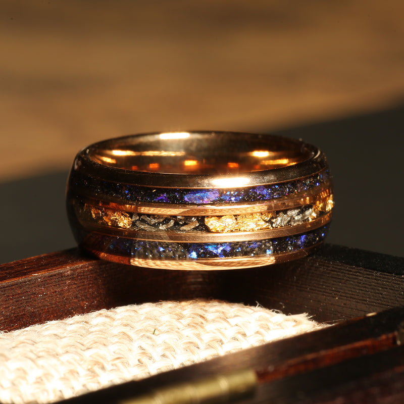 Meteorite blue opal gold leaf ring for men with rose gold tungsten