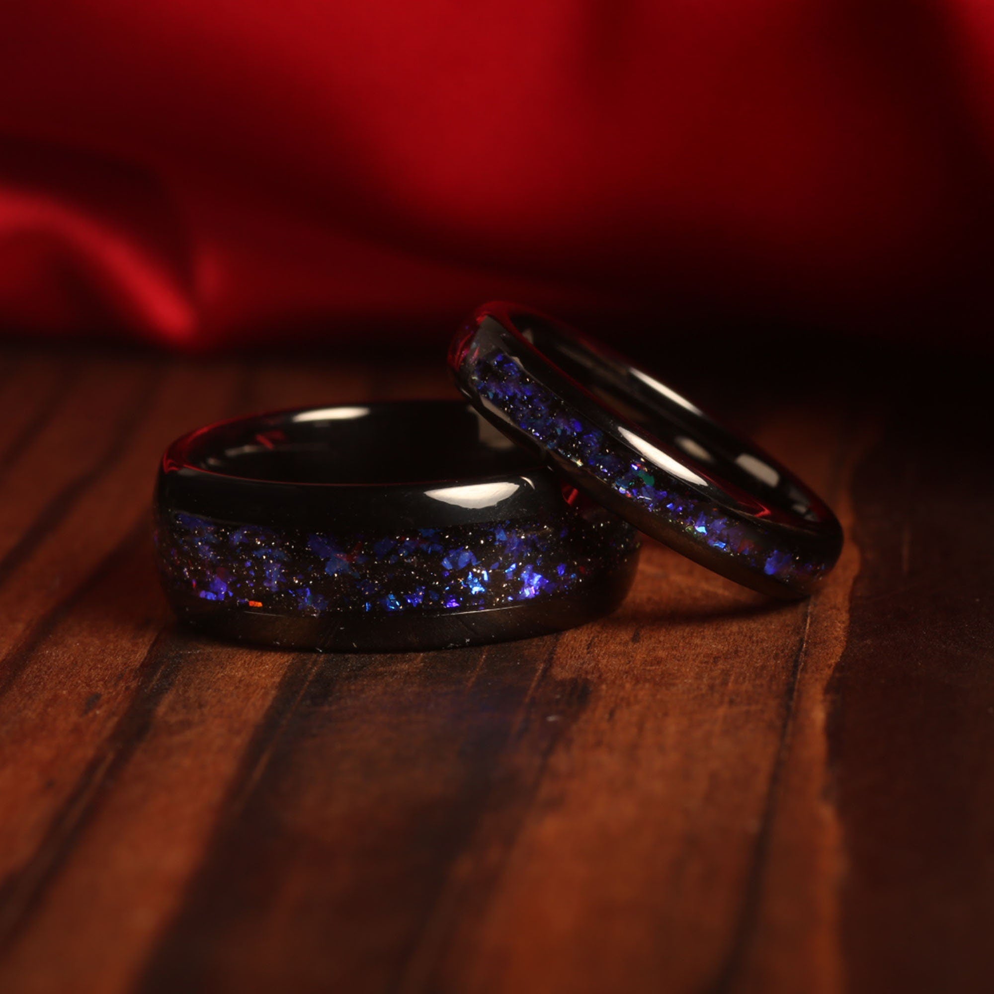 Meteorite Blue Opal Matching Wedding Band Set | His and Hers Black Tungsten Rings