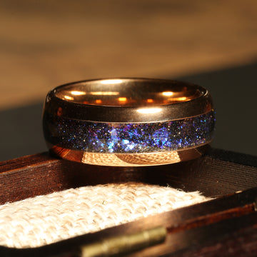 Meteorite Blue Opal Milky Way Wedding Band for Men | 8mm Rose Gold Tungsten Ring 2