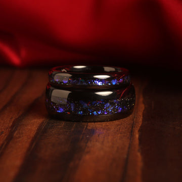 Meteorite Blue Opal Matching Wedding Band Set | His and Hers Black Tungsten Rings 7