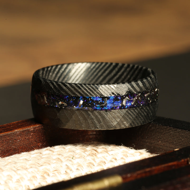 Meteorite blue sandstone Damascus ring for men with forged pattern
