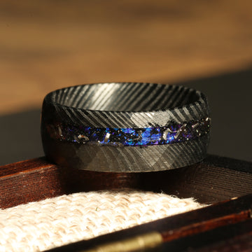 Meteorite Blue Sandstone Damascus Steel Wedding Band for Men | 8mm Ring 2