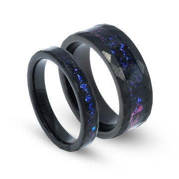 Meteorite Blue Sandstone Matching Wedding Band Set | His and Hers Black Hammered Tungsten Rings 7