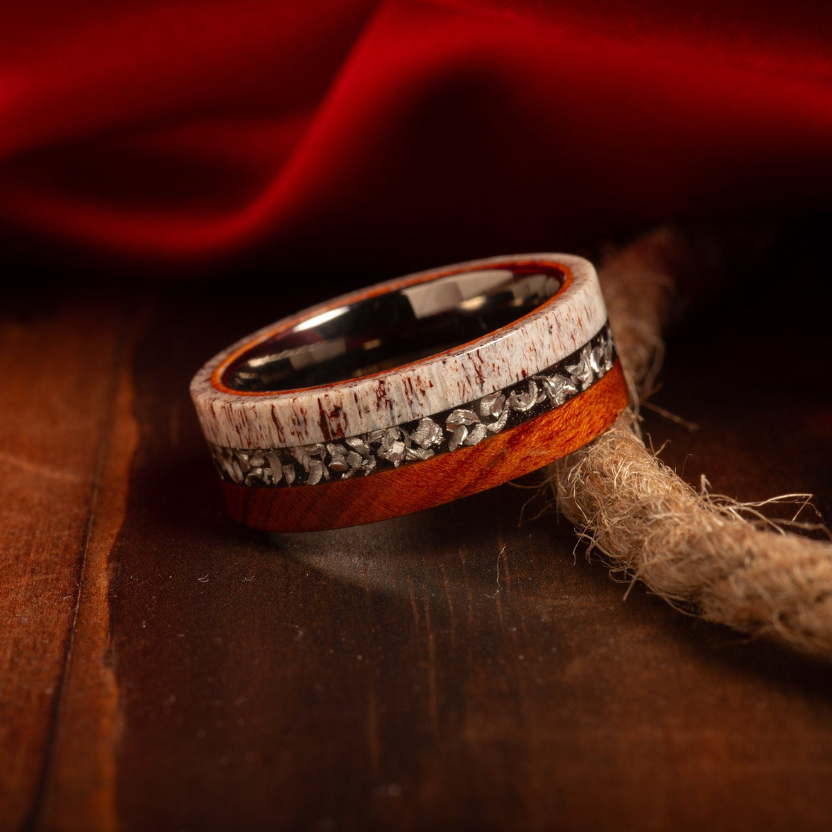 Meteorite center deer antler ring for men with ironwood