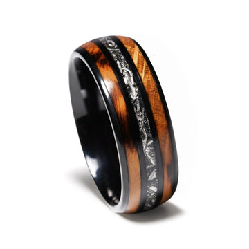 Whiskey Barrel Meteorite Wedding Band for Men | 8mm Domed Black Tungsten Ring 3
