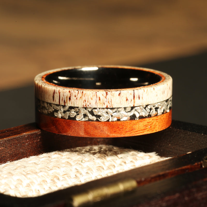 Meteorite deer antler ironwood ring for men with tungsten