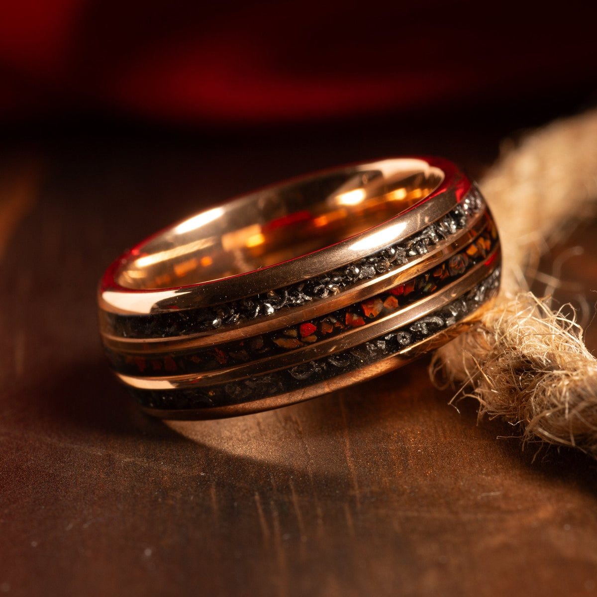 Meteorite dinosaur bone ring for men with rose gold tungsten