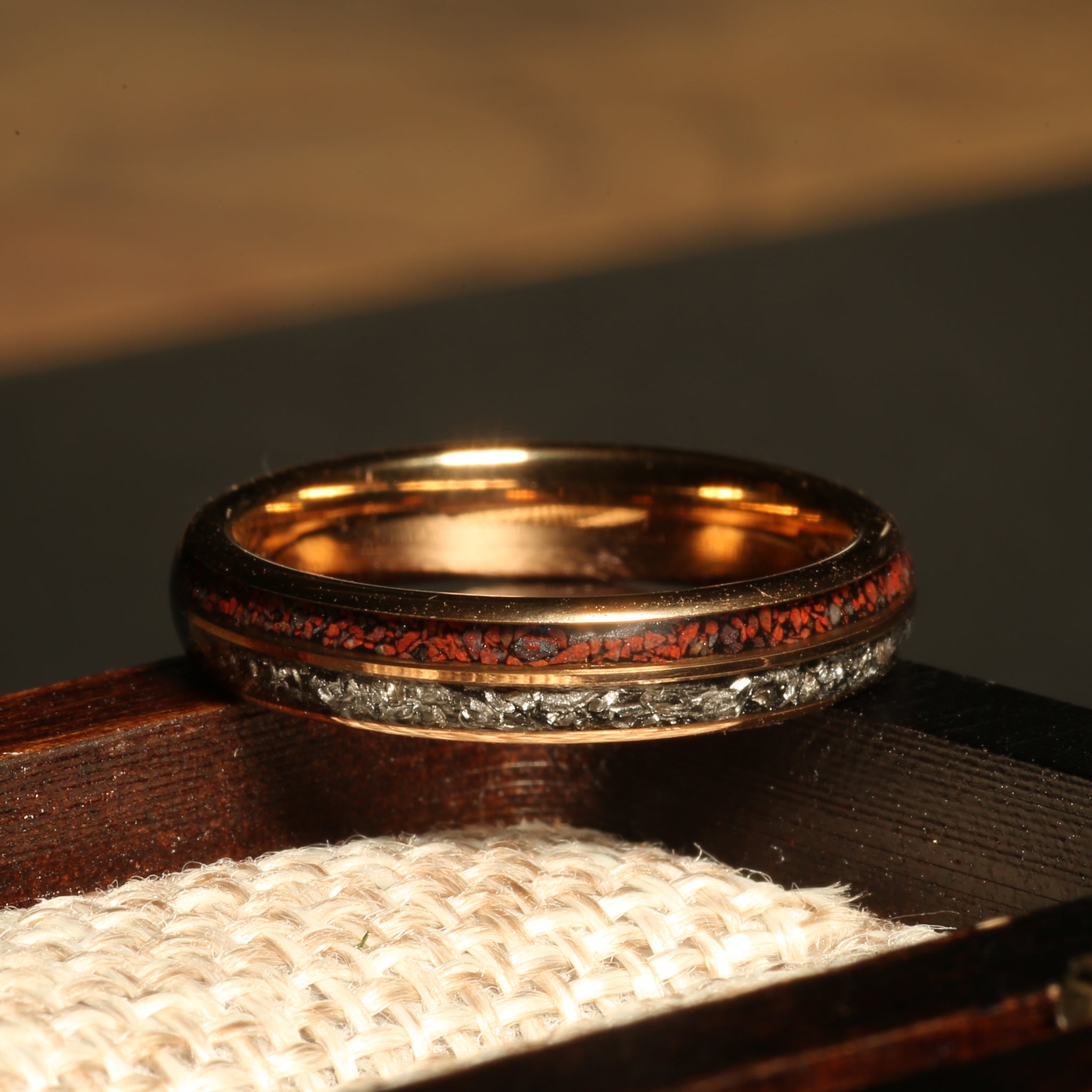 Rose Gold Meteorite Dinosaur Bone Ring for Women | 4mm Tungsten Band