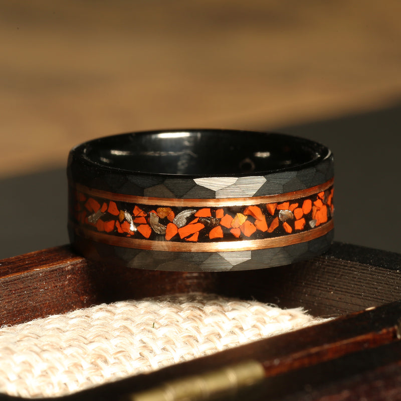 Meteorite dinosaur bone rose gold ring for men with black tungsten