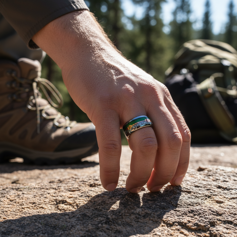 Meteorite fishing line arrow ring for men with rose gold detail