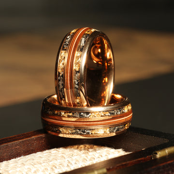 Meteorite Gold Leaf Guitar String Wedding Band for Men | 8mm Rose Gold Tungsten Ring 2