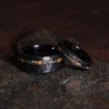 Meteorite Gold Leaf Matching Wedding Band Set | His and Hers Black Hammered Tungsten Couple Rings