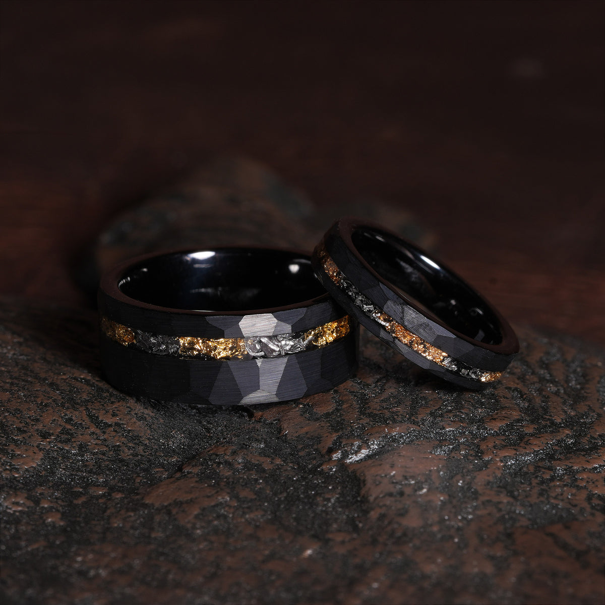 Meteorite Gold Leaf Matching Wedding Band Set | His and Hers Black Hammered Tungsten Couple Rings