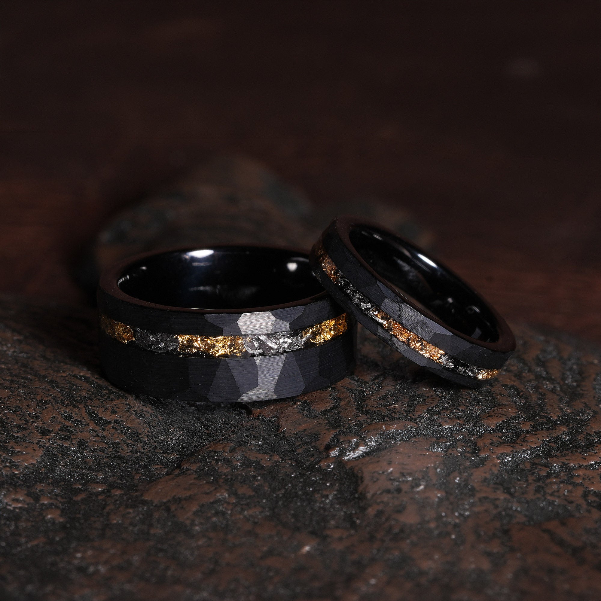 Meteorite Gold Leaf Matching Wedding Band Set | His and Hers Black Hammered Tungsten Couple Rings